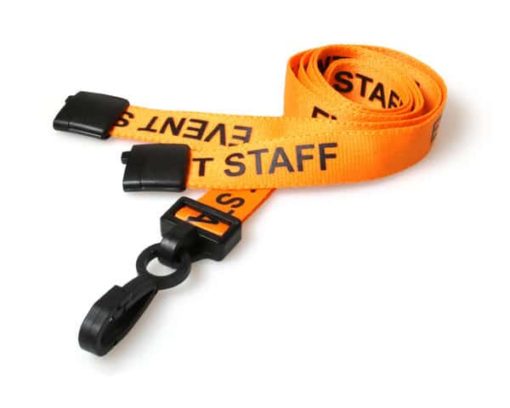 Breakaway Lanyard - EVENT STAFF Printed - 15mm Width - Orange - J Clip